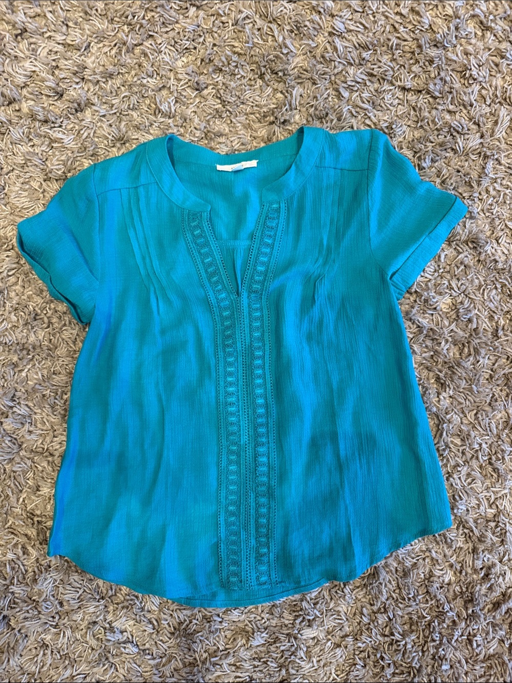Women’s Teal Short-Sleeve Blouse - Lightweight V-Notch Top size s